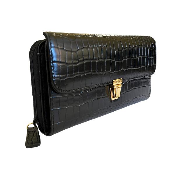 NWOT Etienne Aigner Vintage Black Croc-Embossed Leather Clutch Checkbook Wallet - Picture 8 of 9